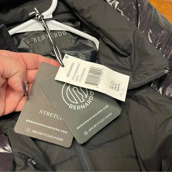 NWT Bernardo Eco Plume Long Puffer Coat Shiny hood size Largee - Picture 9 of 14